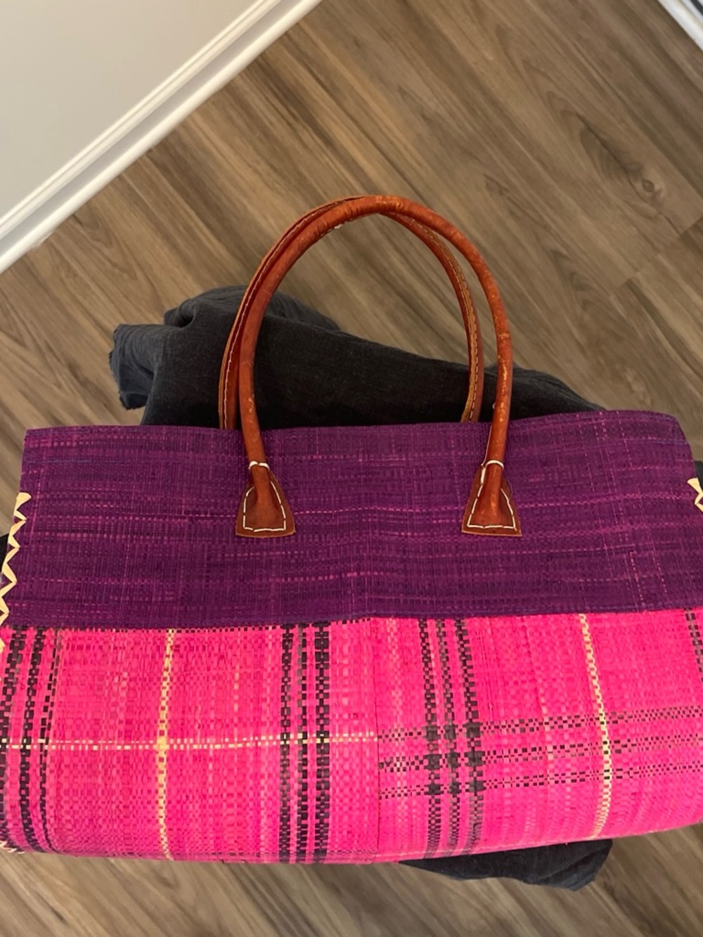 Purple Woven Straw Tote Bag with Leather Handles - Picture 2 of 5